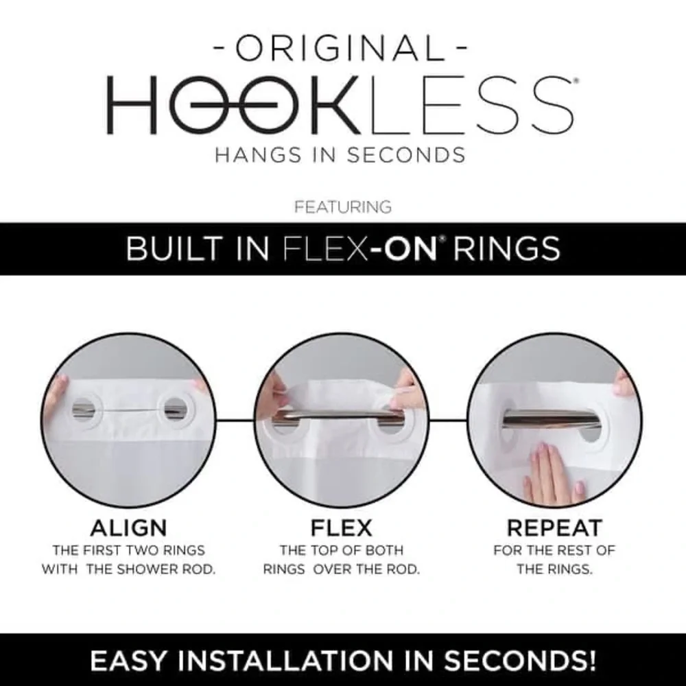 Hookless Waffle Stripe 2-in-1 Shower Curtain Sheer Top Window Flex-on Rings